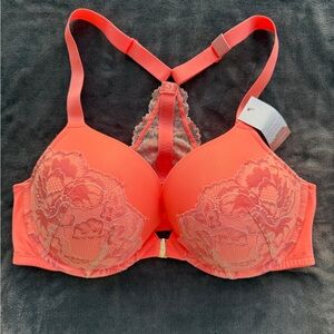 Cacique Boost Plunge Lace-Accent Coral Push-Up T-Back Bra w/ Adjustable Straps